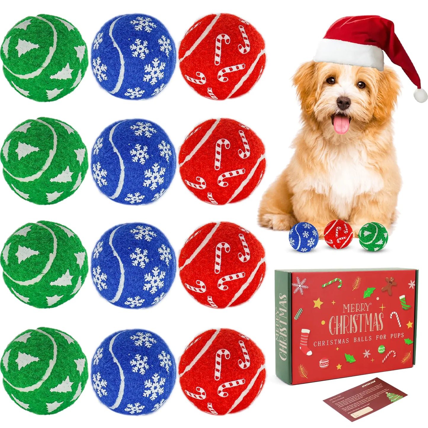 Festive Fetch 12-Pack Christmas Dog Balls with Card